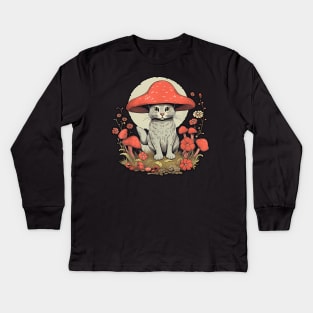 Funny Cute Cottagecore Aesthetic Cat with Mushroom Hat fairycore Kids Long Sleeve T-Shirt